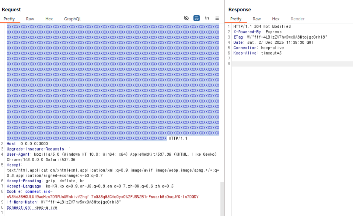 In a local environment, when sending a query of size 15,787 and searching for a non-FLAG value (304 response)