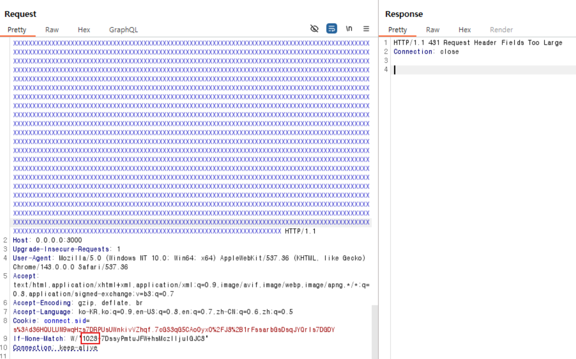 In a local environment, when sending a query of size 15,787 and searching for the FLAG value (413 response)