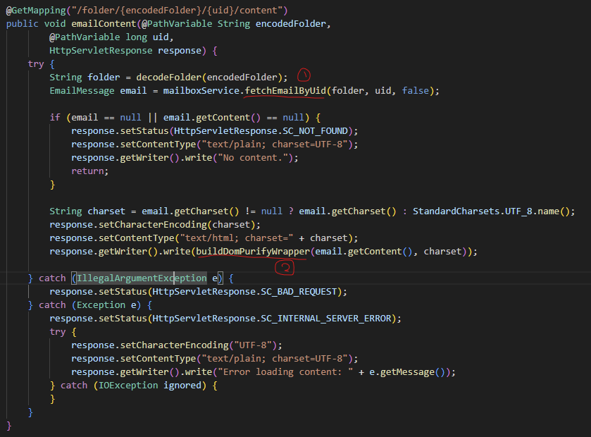 **Mailcontroller.java, emailContent function that retrieves email content**