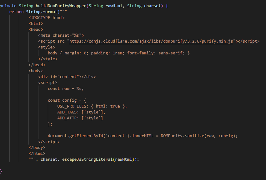 [MailController.java](http://MailController.java), buildDompurifyWrapper Function