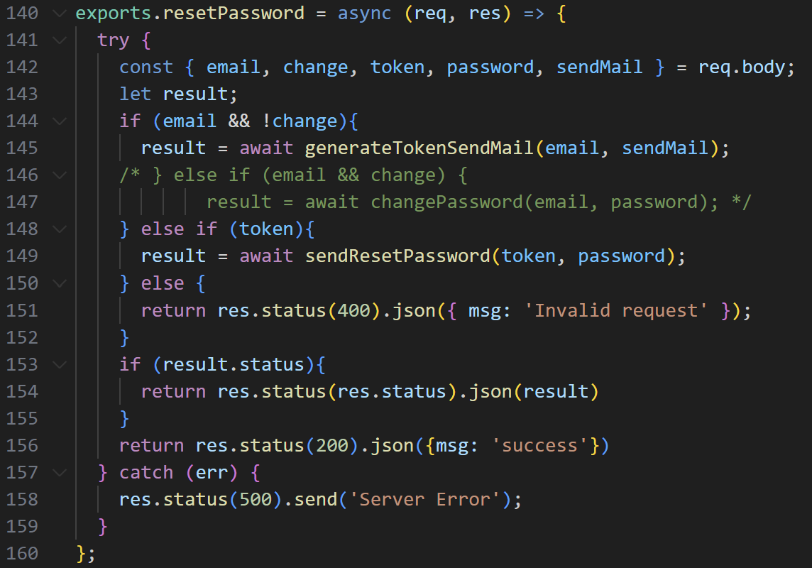 resetPassword function in controllers/userController.js