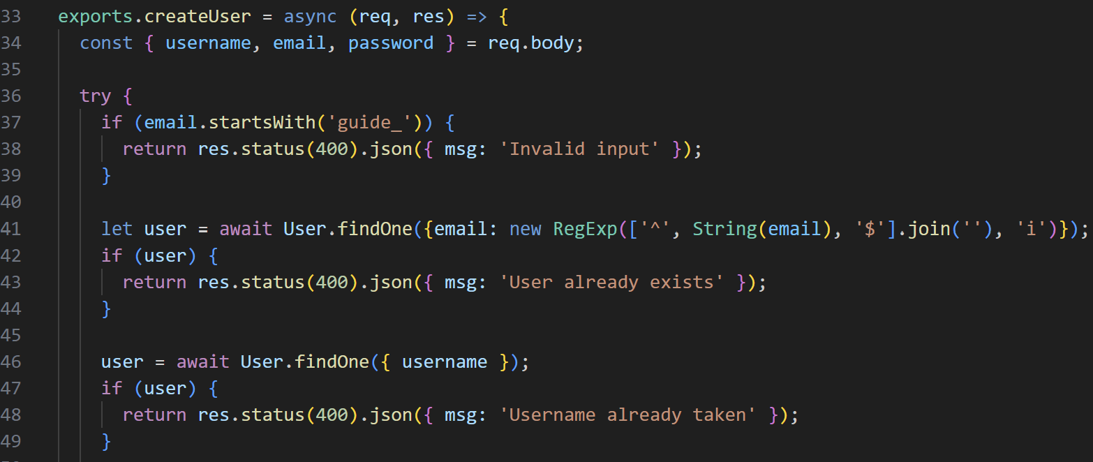createUser function in controllers/userController.js