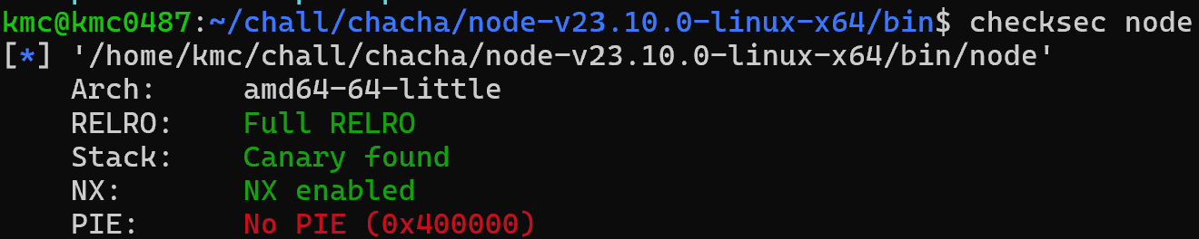 **Protection technique of node binary ⇒ You can check that PIE is turned off.**
